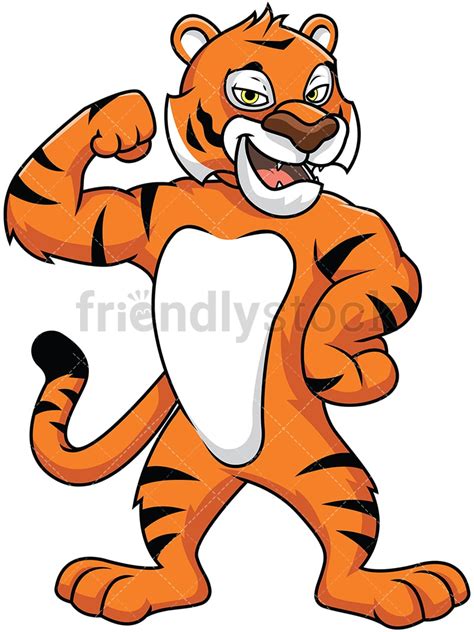 Bengal Tiger Mascot Flexing Its Muscles Vector Cartoon Clipart