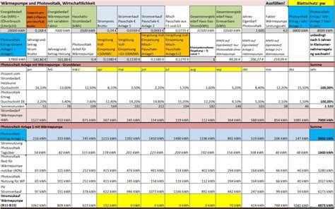 Wirtschaftlichkeit Wärmepumpe mit Photovoltaik Excel Tabelle