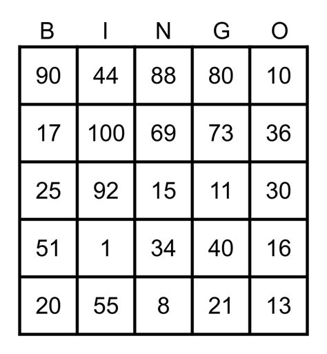 Les Nombres 1 100 Bingo Card Printable Bingo Cards