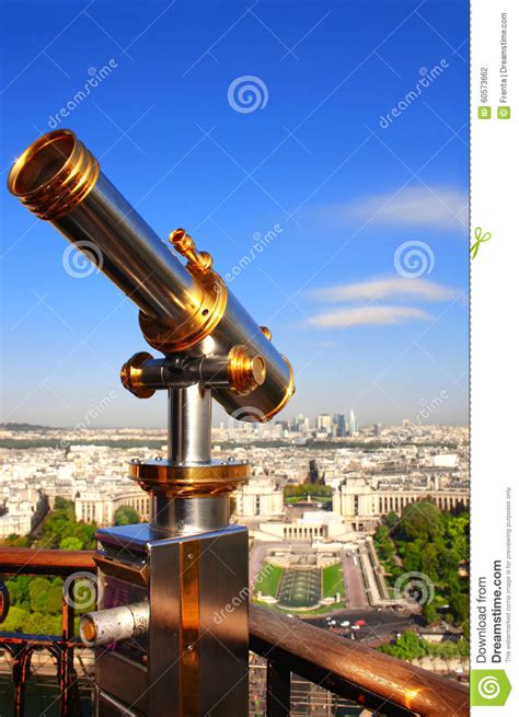 Telescope Overlooking Paris Up On Eiffel Tower France Stock Photo