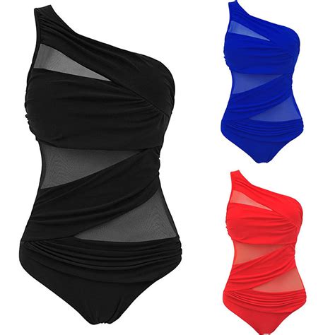 women one piece solid push up padded oblique bikini mesh swimsuit size pluse swimwear bathing