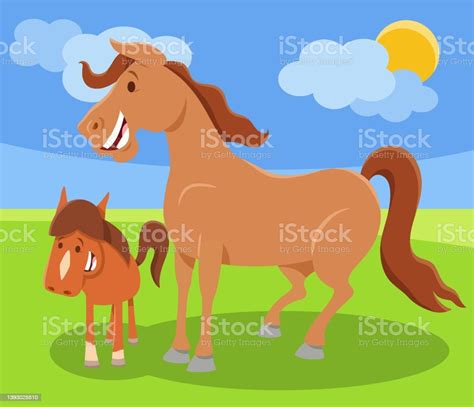 Funny Cartoon Horse Farm Animal Character With Colt Stock Illustration