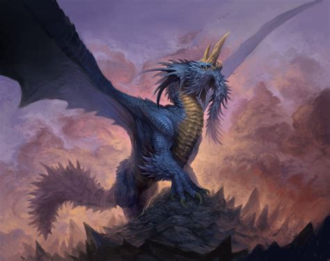 A Blue Dragon Sitting On Top Of A Rock In Front Of A Purple Cloudy Sky