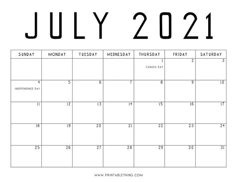 July 2021 Calendar PDF, July 2021 Calendar Image, Print PDF & Image