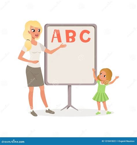 Happy Little Girl And Teacher Standing Next To Blackboard With Abc
