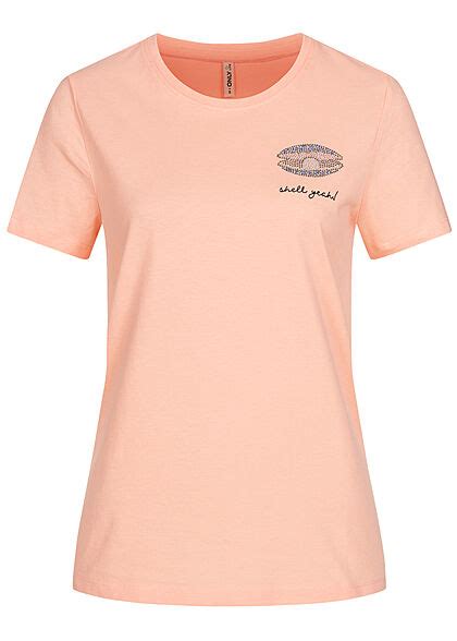 Only Damen Basic T Shirt Muschel Paillettenfront Peach Melba Orange