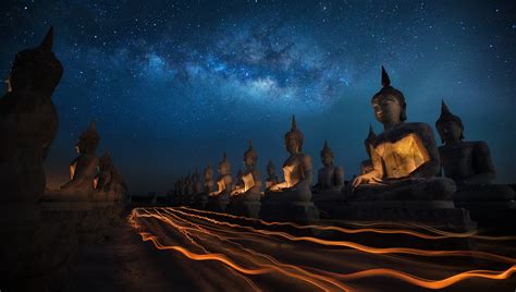 Buddha Statue Stars Buddhism Light Trails Night