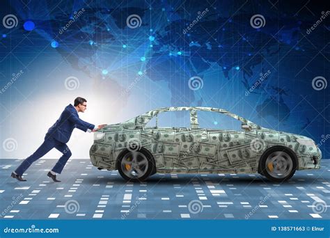 The Businessman Pushing Car In Business Concept Stock Image Image Of