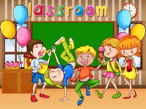 Cartoon birthday party caps funny celebration cap vector. Classroom scene with kids having party - Download Free ...