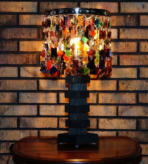 Hand Made Stained Glass Lamp With Metal And Wood Accents Eclectic