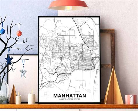 Manhattan Kansas Ks Usa Map Poster Black White Hometown City Etsy