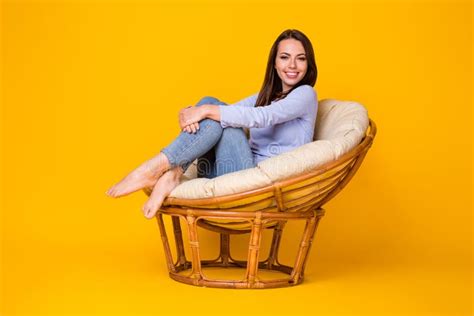 Portrait Of Her Nice Attractive Lovely Carefree Glad Cheerful Girl Sitting In Cosy Comfy Wicker