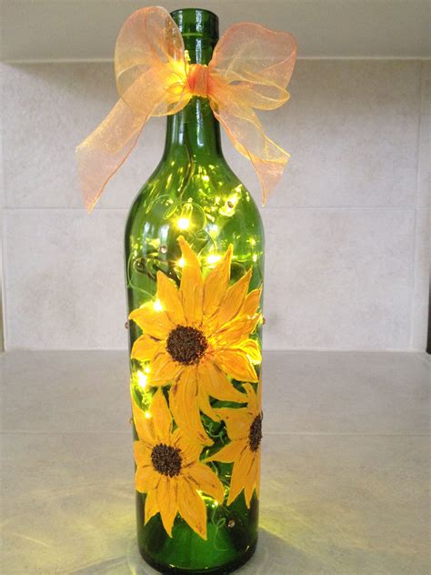 Sunflower Lighted Hand Painted Wine Bottle Wine Bottle Art Glass