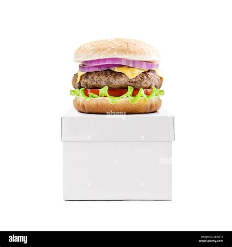 Hamburger Cheeseburger Burger On White Box Isolated On White Background