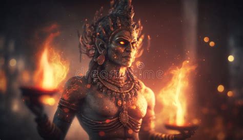 Portrait Of Agni The Indian God Of Fire Surrounded By The Flames Of His Dominion Stock