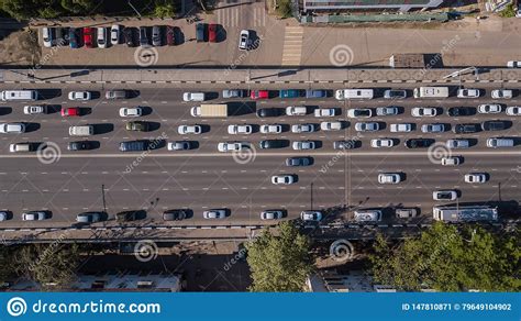 Top Down Aerial View Of Urban City Traffic Jam Rush Hour Highway Stock