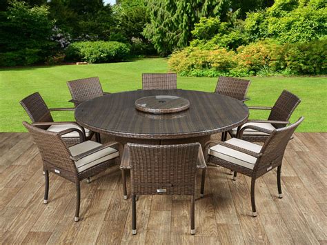 Brown Rattan Dining Set 8 Chairs And Round Table Outdoor Premium Garden