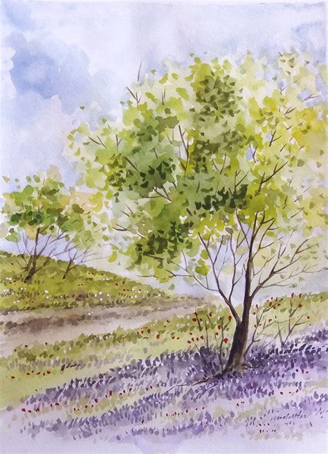 Spring Landscape Bluebell Wood Bluebell Field Original Watercolor