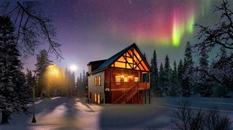 Aurora Borealis Over Winter Lodge Image Abyss