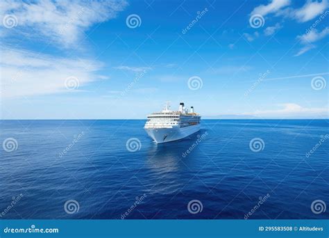 Huge Cruise Ship Under the Open Sky in the Middle of the Ocean Stock