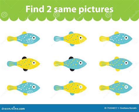 Childrens Educational Game Find Two Same Pictures Set Of Fish For