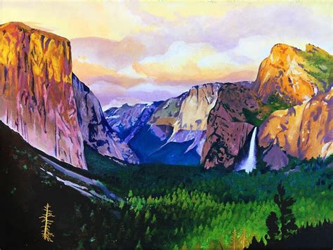 Yosemite National Park At Sunset Colorful Oil And Acrylic Painting