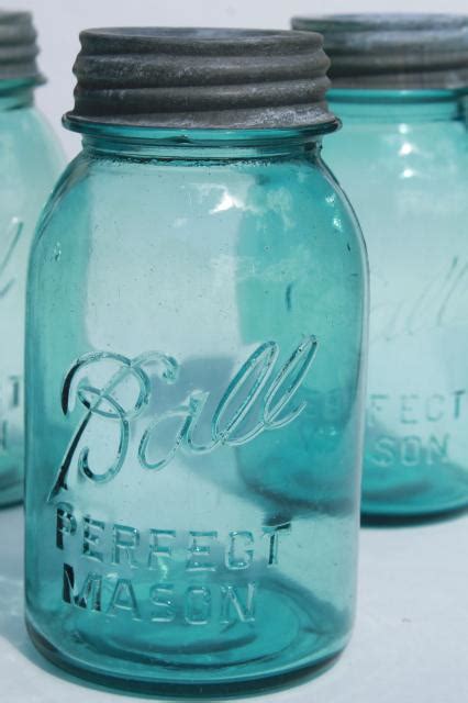 Vintage Ball Perfect Mason Aqua Blue Glass Quart Jars W Old Zinc Metal