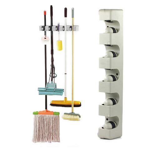 Broom holder wall mounted mop household adhesive storage hooks hanger racks kitchen bathroom organizer suction hanging pipe. 5 Position 6 Hooks Wall Mounted Mop Broom Holder Hanger ...
