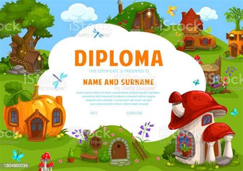 Kids Diploma Certificate Fairy Tale Dwarf Houses Stock Illustration