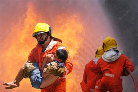 Premium Photo Firefighter Holding Child Boy To Save Him In Fire And