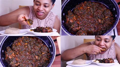 Mukbang Nigerian Food Vegetable Soup And Oatmeal Fufu Swallowing My Fufu No Chewing Youtube