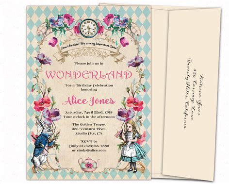 Elegant Alice In Wonderland Invitations 5x7 Personalized Printed Or