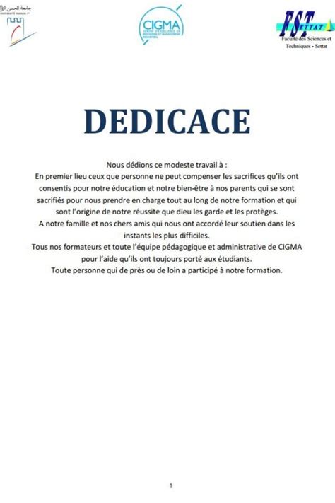 Dédicaces mémoire fin d'étude doc et pdf  Lettre de remerciement stage
