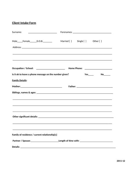 Free Printable Client Intake Form Templates Word Pdf Excel Example