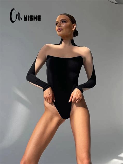cnyishe sexy see through mesh bodysuits fashion rompers woman jumpsuits regular o neck long