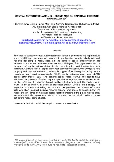 Universiti teknologi malaysia thesis template. (PDF) SPATIAL AUTOCORRELATION IN HEDONIC MODEL: EMPIRICAL ...