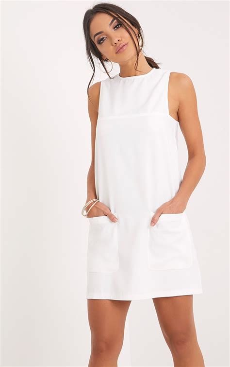 Madline White Pocket Detail Shift Dress Dresses Prettylittlething
