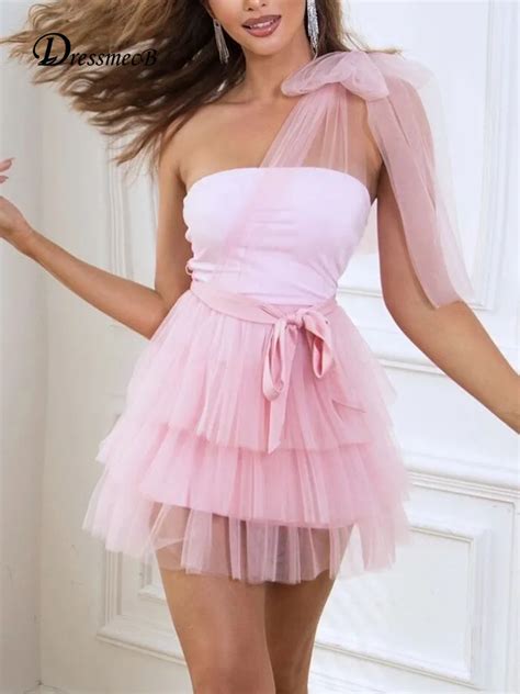 Dressmecb Solid Pink Mesh Mini Dresses Women One Shoulder Wrap Bow Ball
