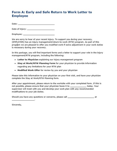 Form A Early And Safe Return To Work Letter To Employee Go2hr