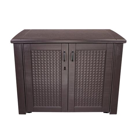 Rubbermaid Patio Chic 123 Gal Resin Basket Weave Patio Cabinet In