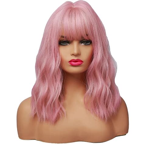 Caffney Pink Wigs Short Wavy Bob Wigs 20 22 Inch Full Wig With Bangs Women S Short Wig Cosplay