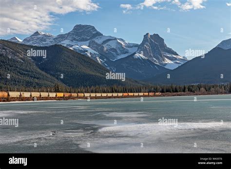 Train At Gap Lake In Alberta Canada Stock Photo Alamy