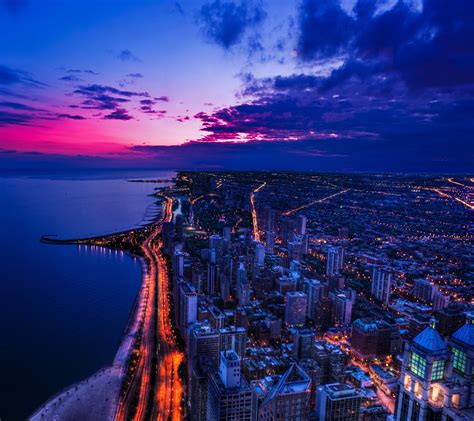 Wallpaper Chicago Sunset Lights Road Clouds Usa Cityscape