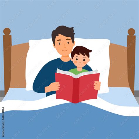 Father Reading Story For His Son In Bedroom Vector Illustration