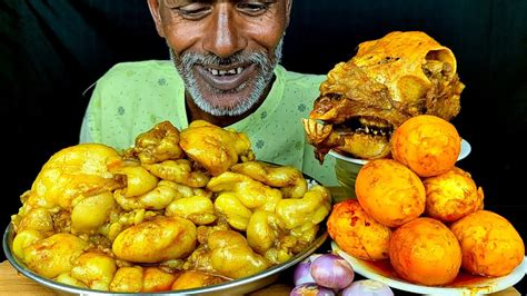 Eating Most Oily Mutton Fat Curry Spicy Mutton Head Curry Egg Curry