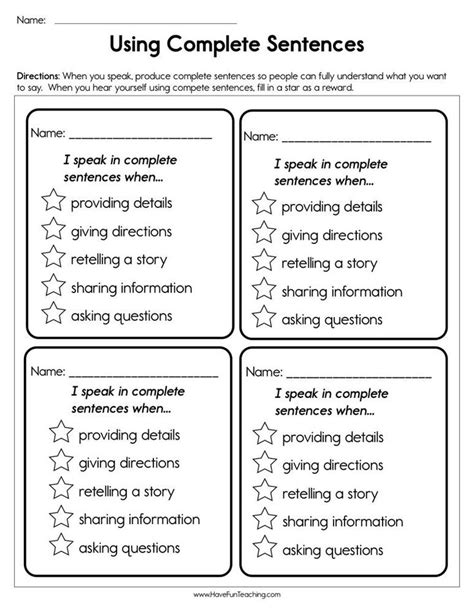 Using Complete Sentences Worksheet | Complete sentences, Sentences