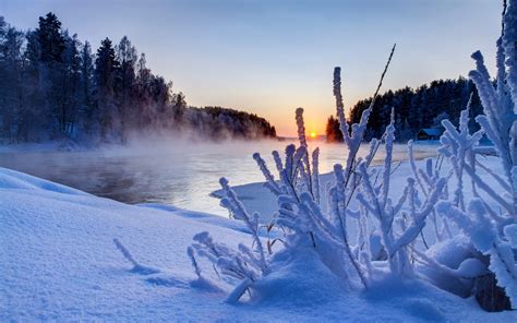 Nature Winter Sunset Trees Snow Ice River Sky Wallpaper Nature