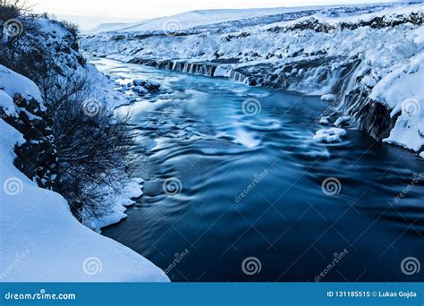 Hraunfossar Waterfall In Winter Iceland Stock Image Image Of