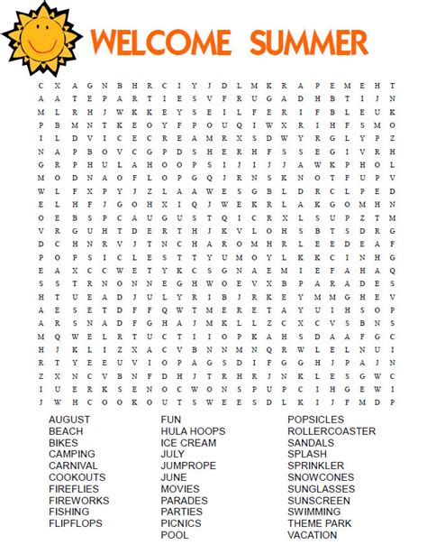 5th Grade Summer Word Search Printable