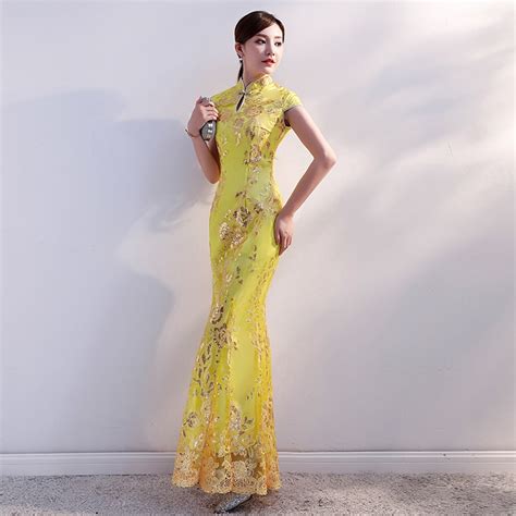 Yellow Sequin Cheongsam Long Qipao Dresses Chinese Traditional Wedding